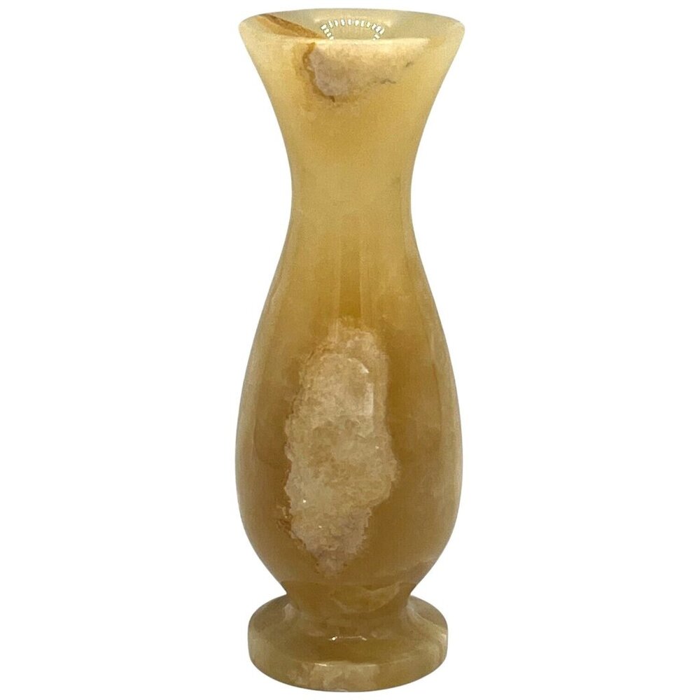 Vtg Turkish Carved Marble Onyx Stone Short Stem Vase Amber Tones Decor 5.5" Tall